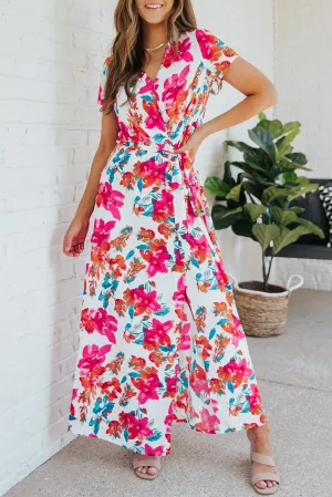 Rose Wrap V Neck Short Sleeve Floral Maxi Dress