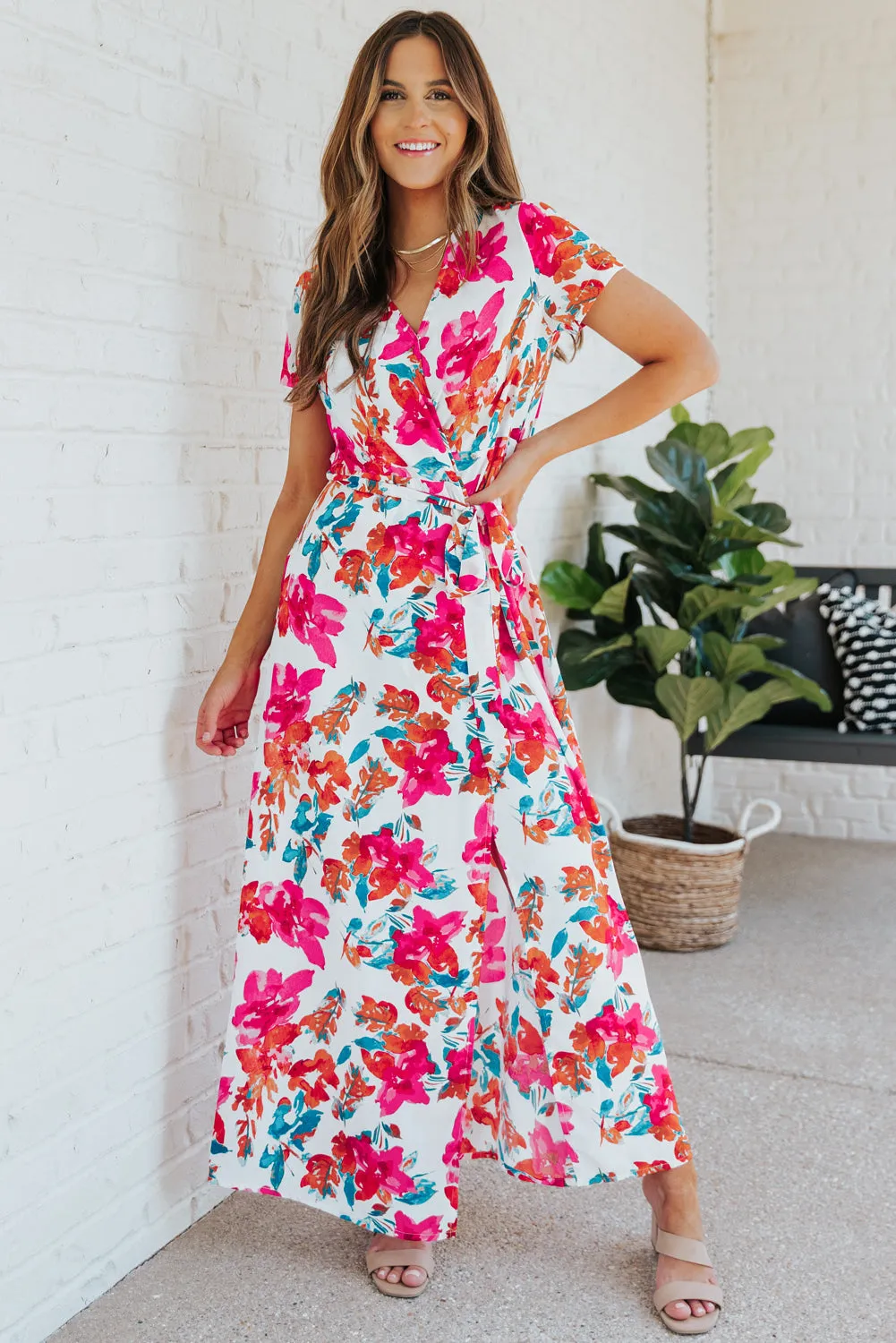 Rose Wrap V Neck Short Sleeve Floral Maxi Dress