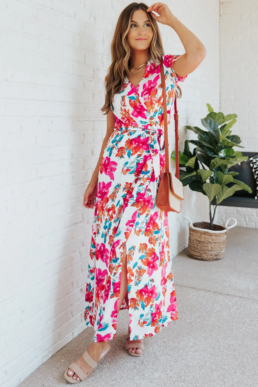 Rose Wrap V Neck Short Sleeve Floral Maxi Dress