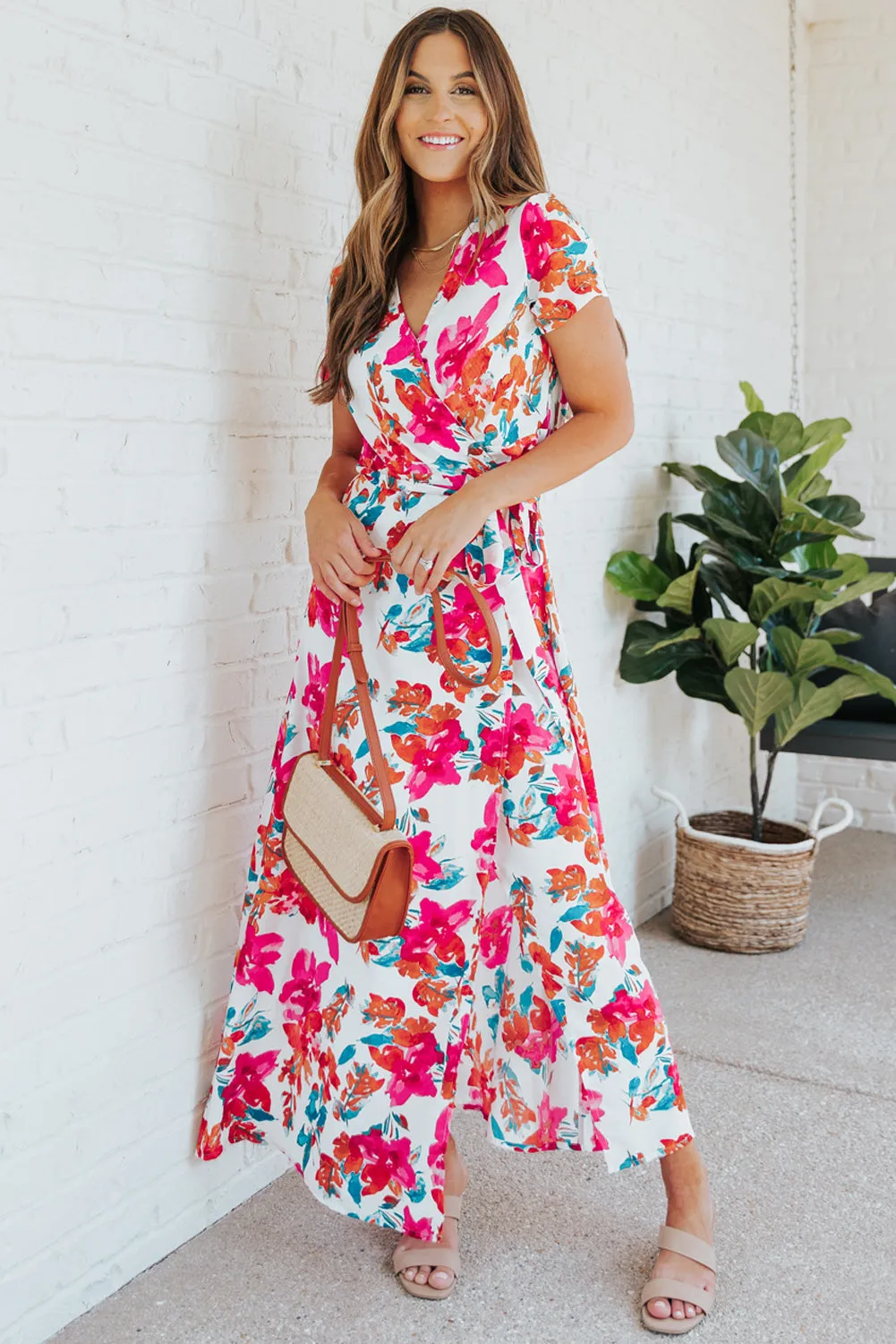 Rose Wrap V Neck Short Sleeve Floral Maxi Dress