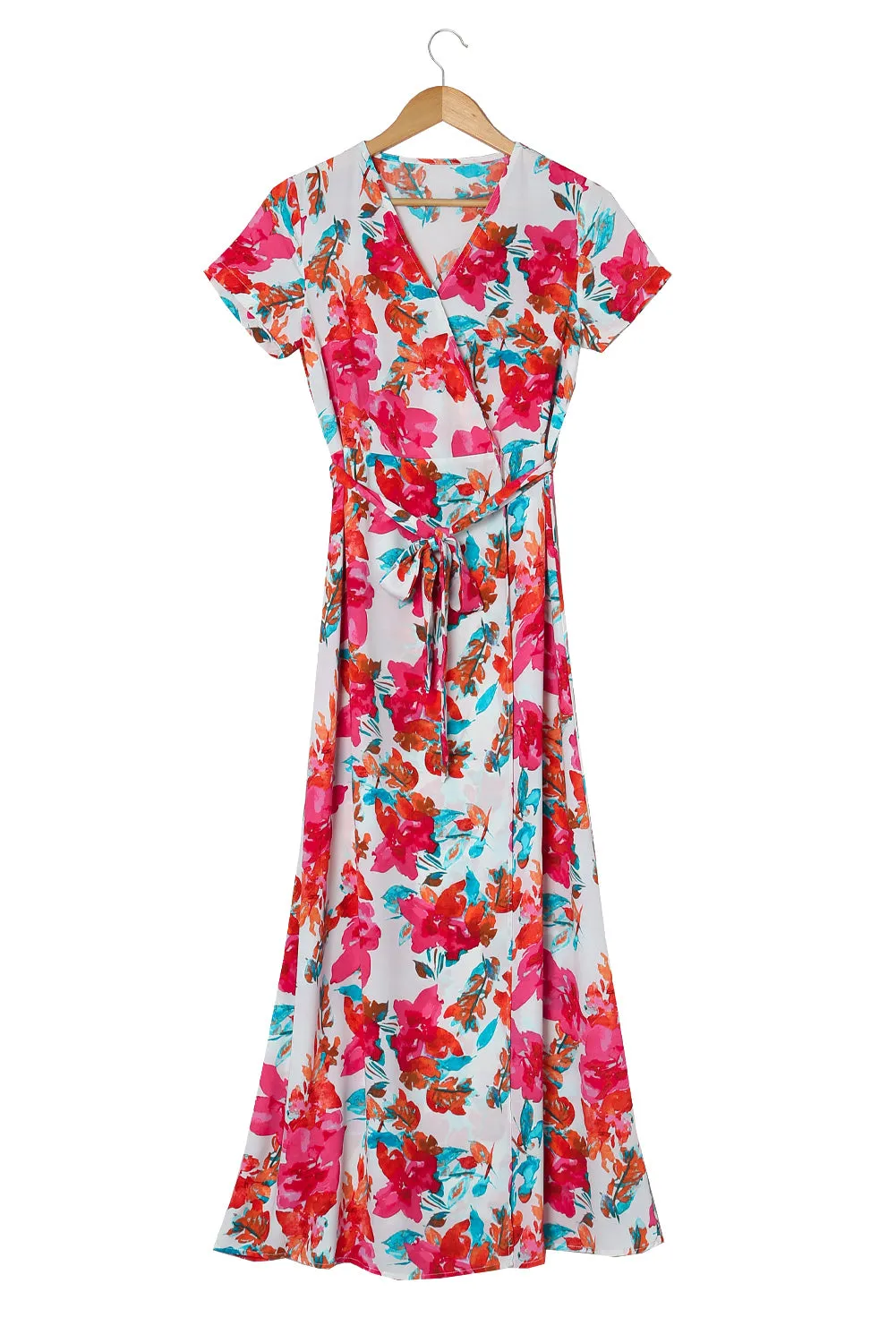 Rose Wrap V Neck Short Sleeve Floral Maxi Dress