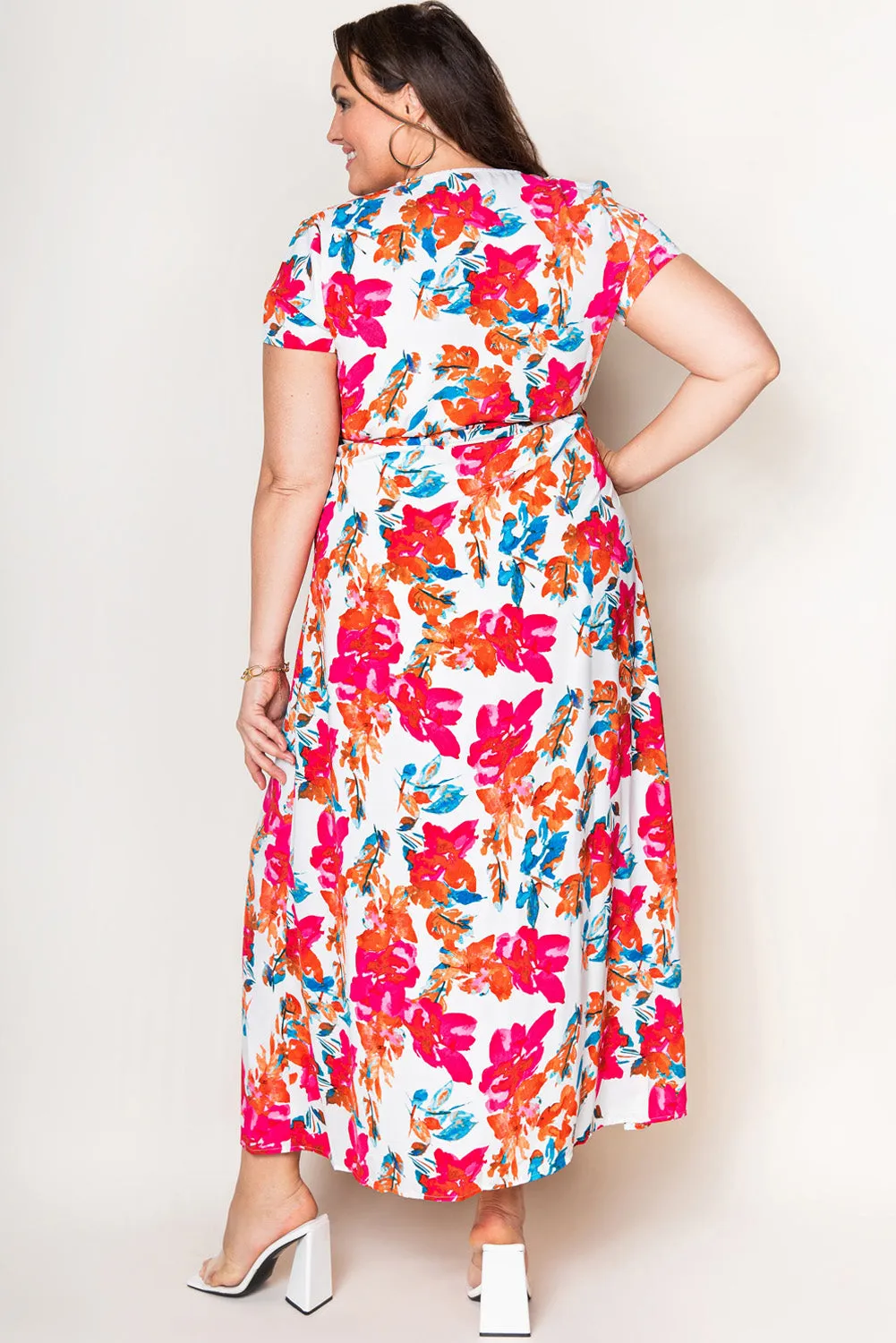 Rose Wrap V Neck Short Sleeve Floral Maxi Dress