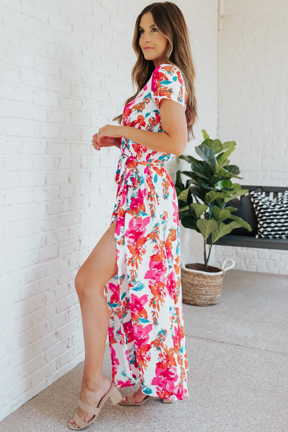 Rose Wrap V Neck Short Sleeve Floral Maxi Dress