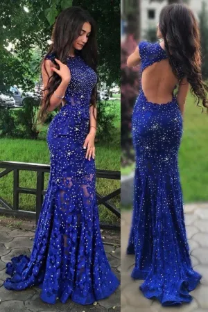 Royal Blue Jewel Sweep Train Lace Backless Mermaid Prom Dress with Beading