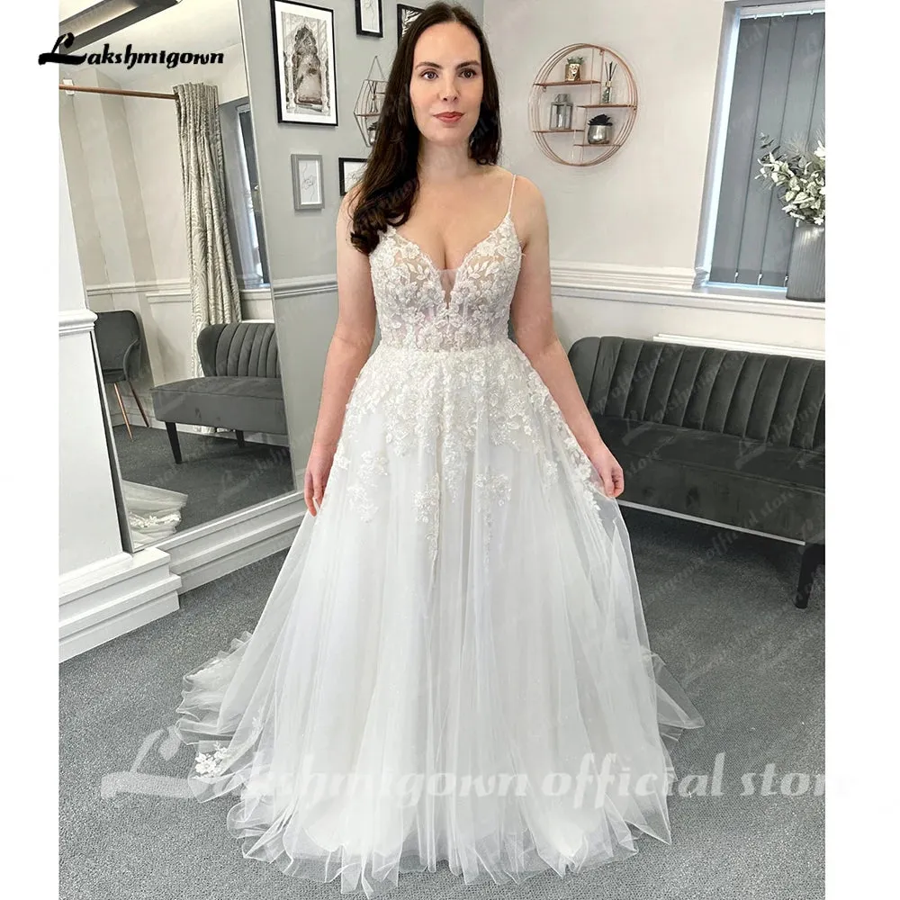 Roycebridal Beach Formal Wedding Dresses Sweep Train Sleeveless Spaghetti Strap Lace With Appliques 2025 Bridal Gowns