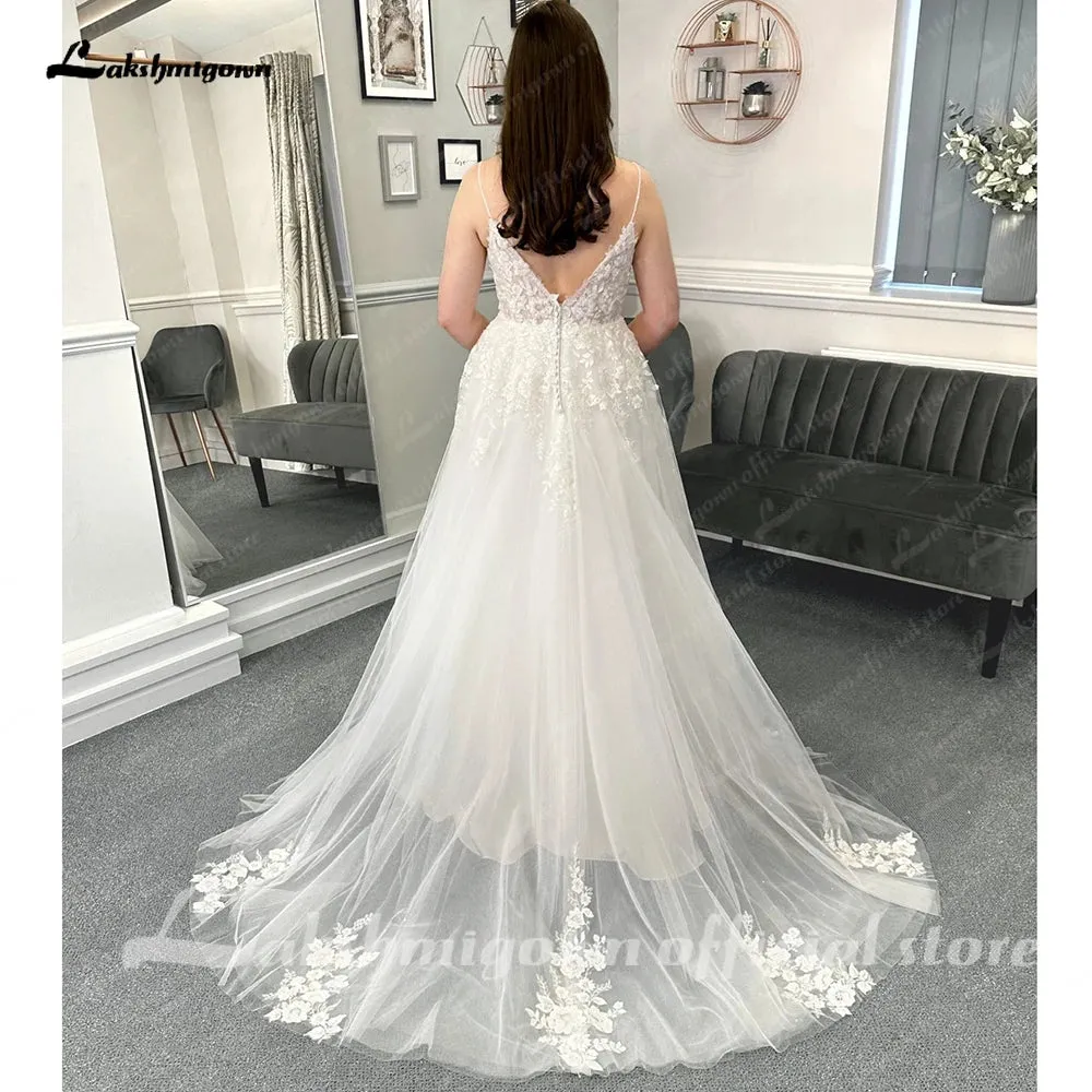 Roycebridal Beach Formal Wedding Dresses Sweep Train Sleeveless Spaghetti Strap Lace With Appliques 2025 Bridal Gowns