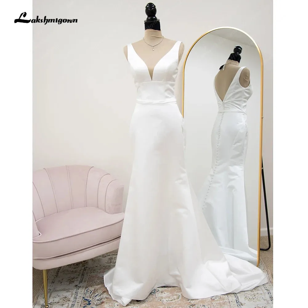 Roycebridal Satin Mermaid Wedding Dresses with Dectachable Skirt For Women Brautkleider Plunging Civil Beach Bridal Gowns