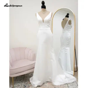 Roycebridal Satin Mermaid Wedding Dresses with Dectachable Skirt For Women Brautkleider Plunging Civil Beach Bridal Gowns
