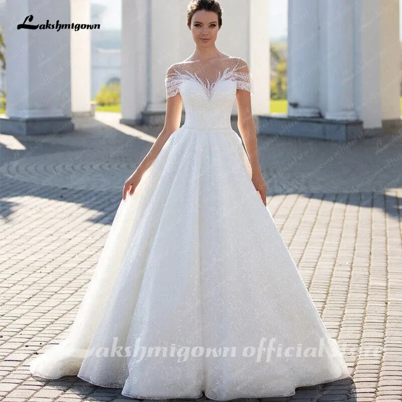 Roycebridal Sparkling Off-The-Shoulder Wedding Dress Elegant Glitter Lace A-Line Bridal Gown with Illusion Pleats Short Sleeves
