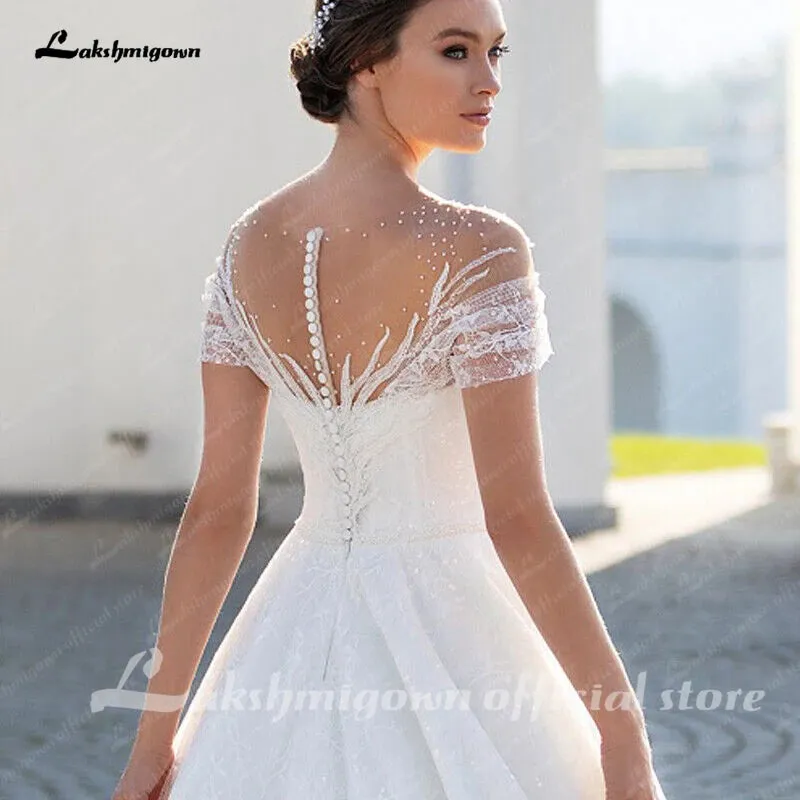 Roycebridal Sparkling Off-The-Shoulder Wedding Dress Elegant Glitter Lace A-Line Bridal Gown with Illusion Pleats Short Sleeves