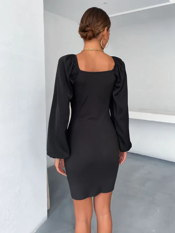 Ruched Bust Bodycon Dress with Long Sleeves and V-Neck