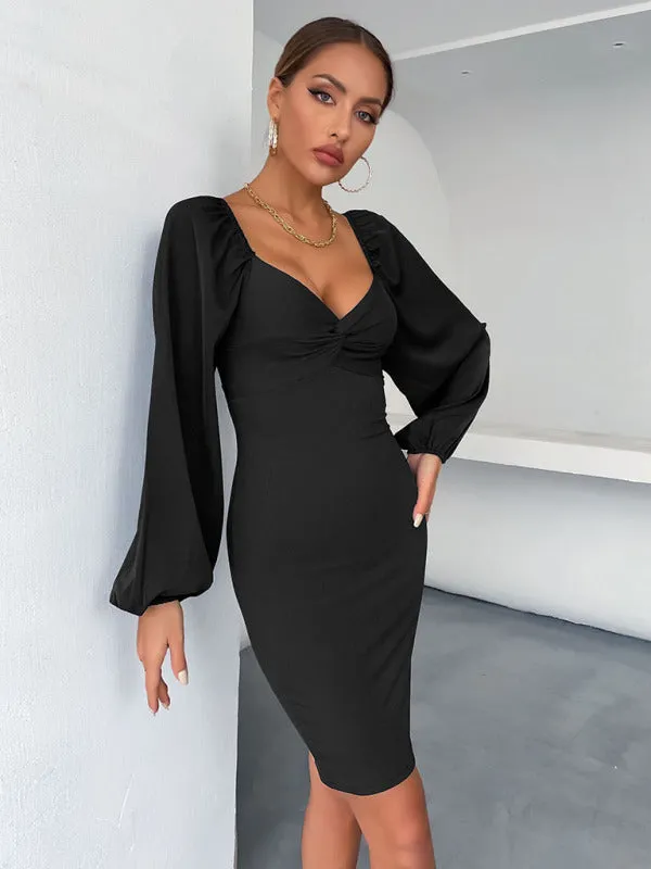 Ruched Bust Bodycon Dress with Long Sleeves and V-Neck