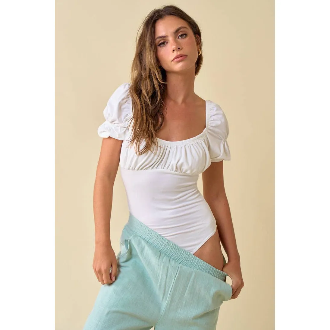 Ruched Puff Sleeve Bodysuit