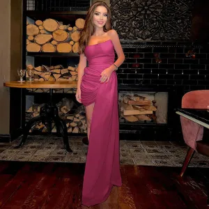 Ruched Wrap Trim Strapless Bodycon Party Mini Dress - Pink Purple