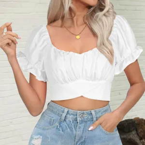 ruffle puff sleeve tie back top
