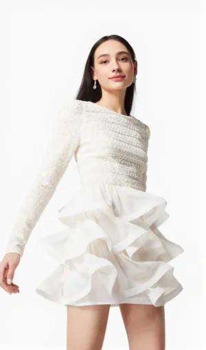 Ruffle trim Long Sleeved Mini Dress in white
