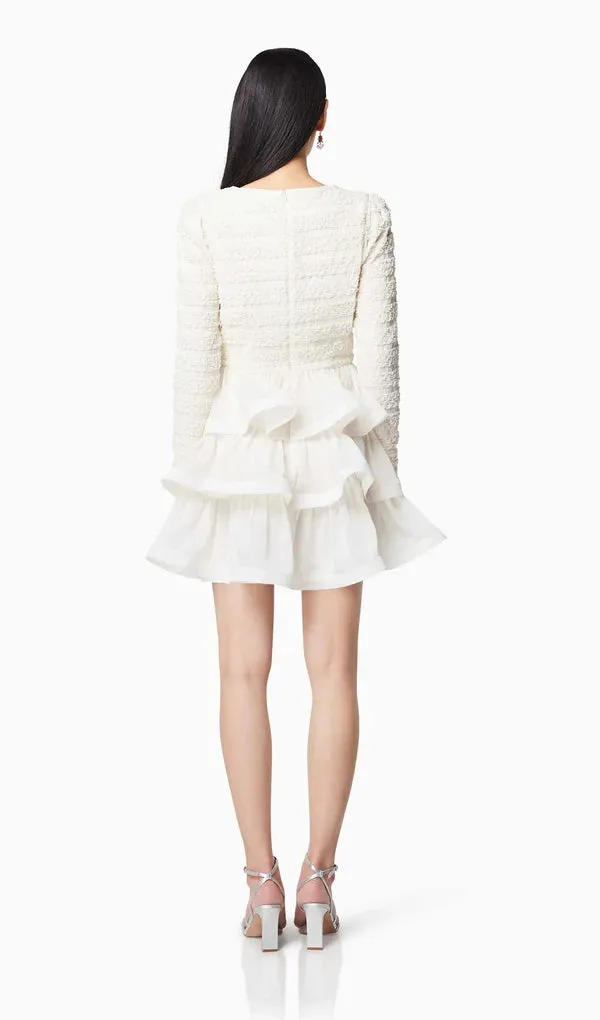 Ruffle trim Long Sleeved Mini Dress in white