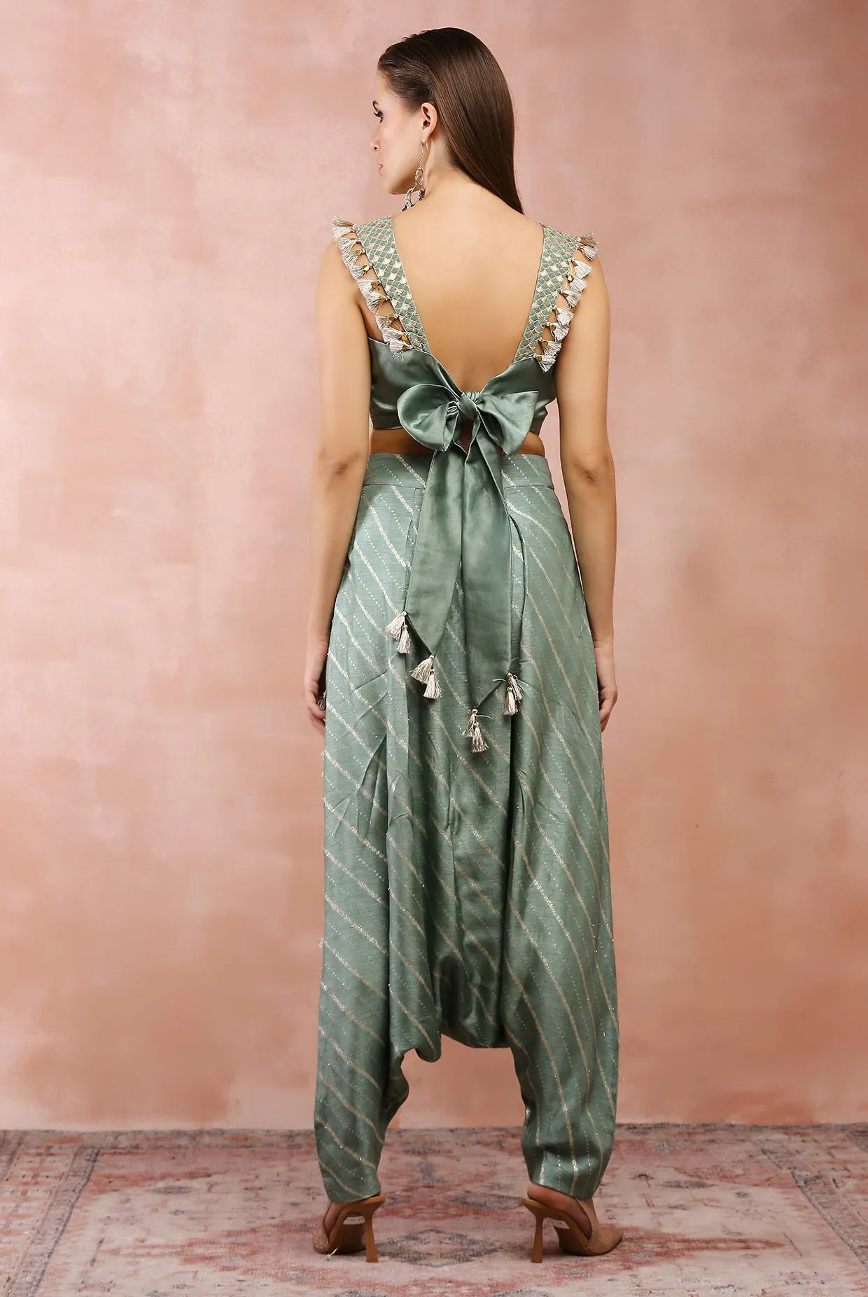 SAGE GREEN EMBROIDERED CORSET TOP WITH LOWCROTCH PANT