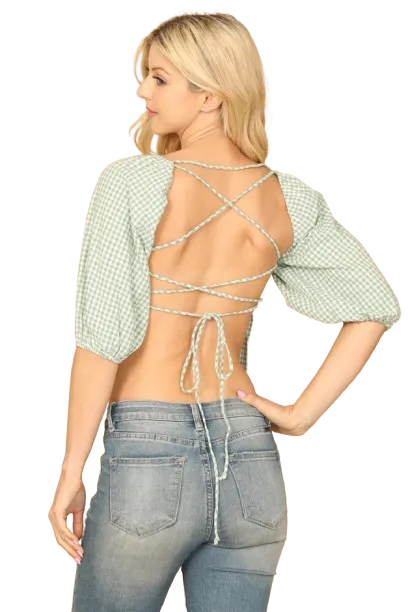 Sage White Plaided Half Puff Sleeve Back Tie Crop Top - Pack of 5