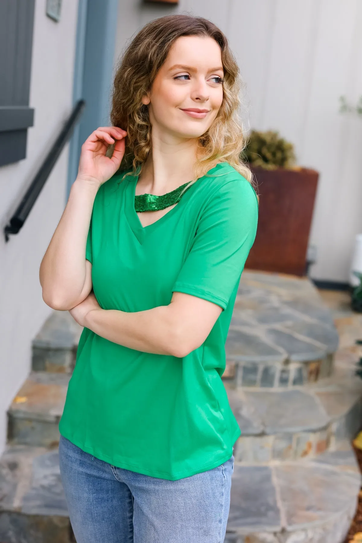 Saint Patrick Asymmetrical Sequin Banded V Neck Top
