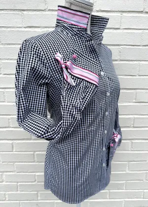SALE - XS & 2XL ONLY - Audrey Black Gingham Ribbon French Cuff Shirt *FINAL SALE*