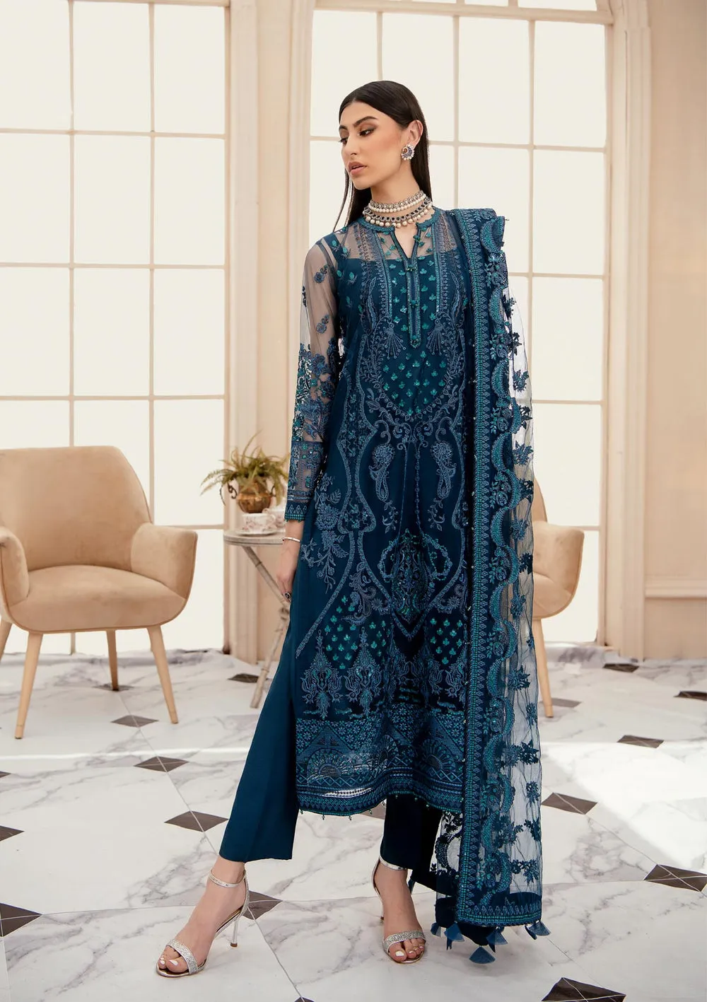 Sea Green Capri Style Embroidered Pakistani Salwar Kameez Dupatta
