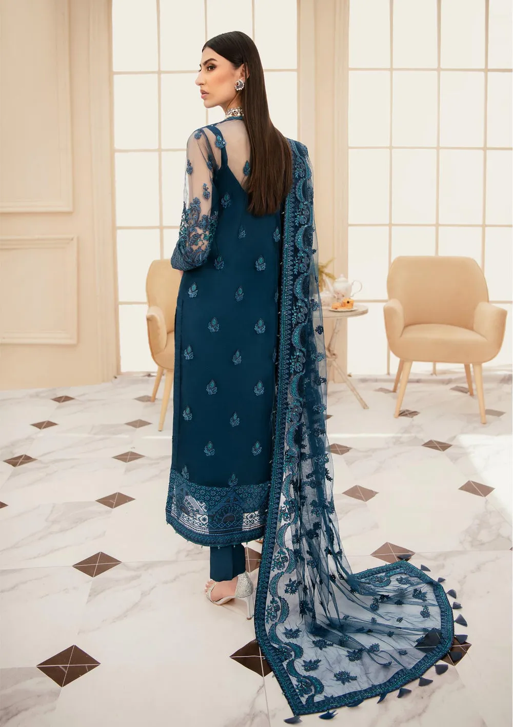 Sea Green Capri Style Embroidered Pakistani Salwar Kameez Dupatta