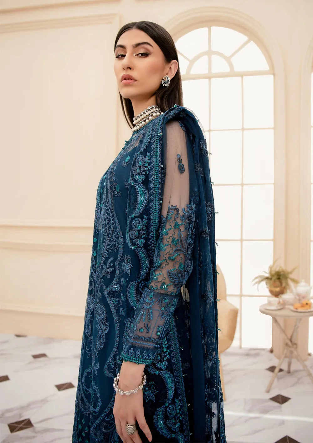 Sea Green Capri Style Embroidered Pakistani Salwar Kameez Dupatta