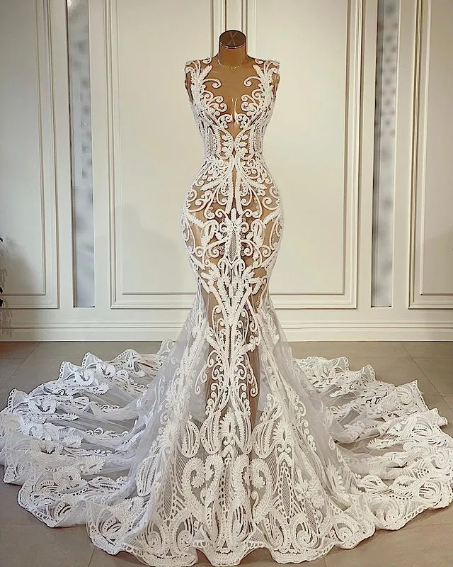 See Through Mermaid Wedding Dresses Illusion Lace Appliques Bridal Gowns