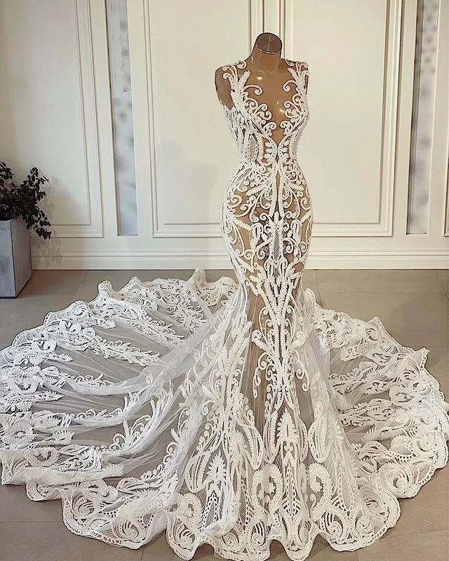 See Through Mermaid Wedding Dresses Illusion Lace Appliques Bridal Gowns