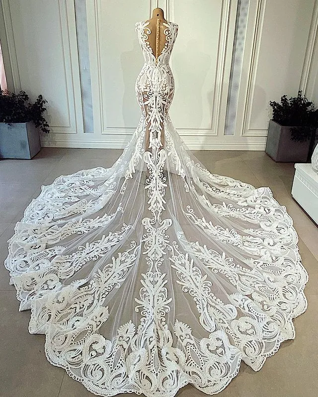 See Through Mermaid Wedding Dresses Illusion Lace Appliques Bridal Gowns