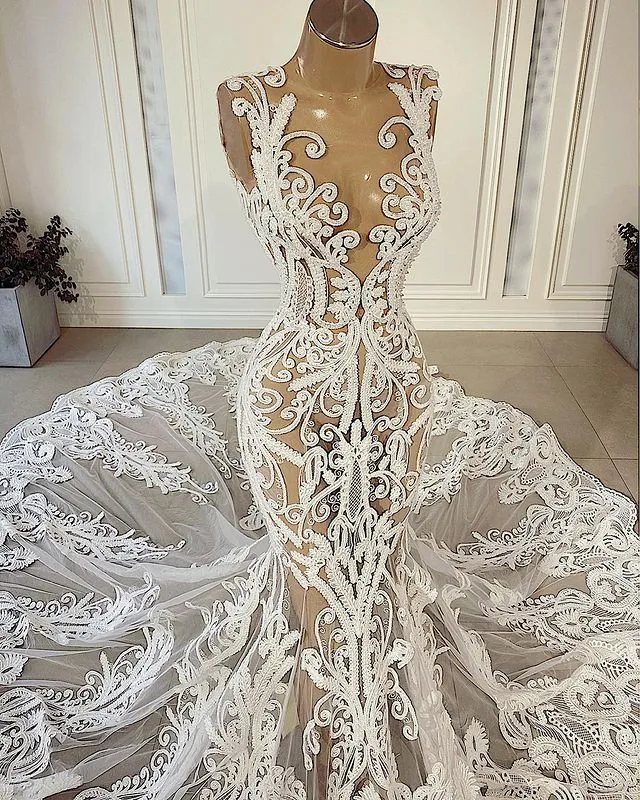 See Through Mermaid Wedding Dresses Illusion Lace Appliques Bridal Gowns