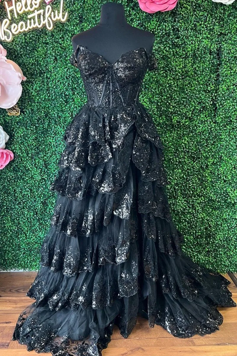 Sequin Appliques Off-the-Shoulder Ruffle Tie Long Gown