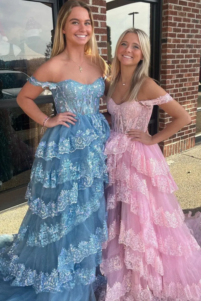 Sequin Appliques Off-the-Shoulder Ruffle Tie Long Gown