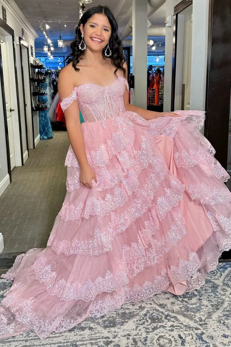 Sequin Appliques Off-the-Shoulder Ruffle Tie Long Gown