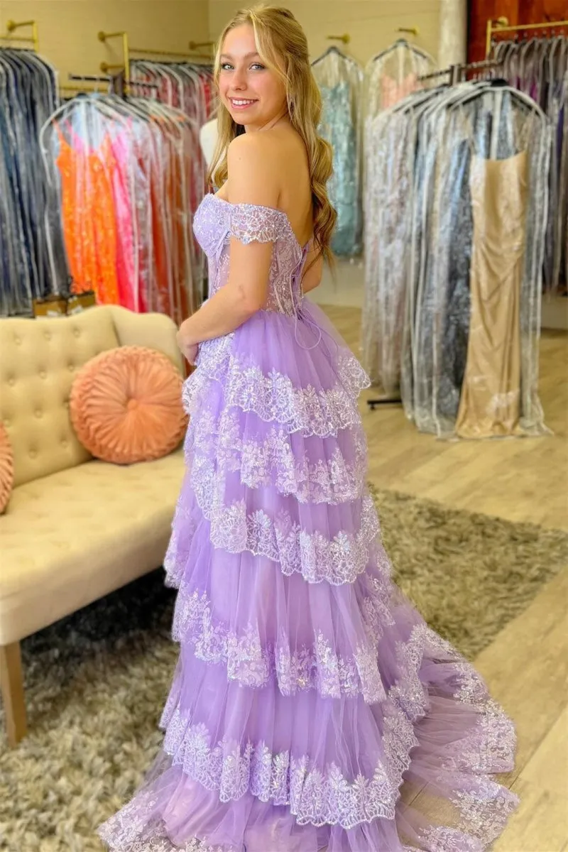 Sequin Appliques Off-the-Shoulder Ruffle Tie Long Gown