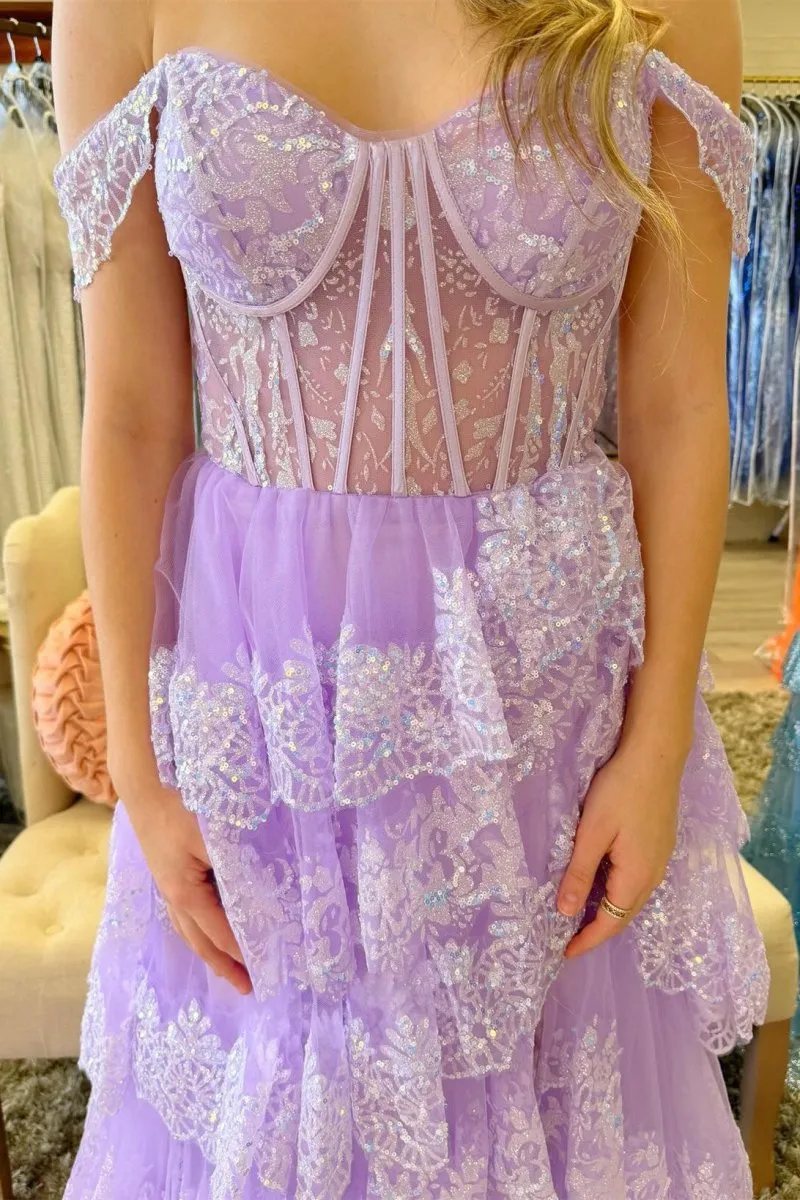 Sequin Appliques Off-the-Shoulder Ruffle Tie Long Gown