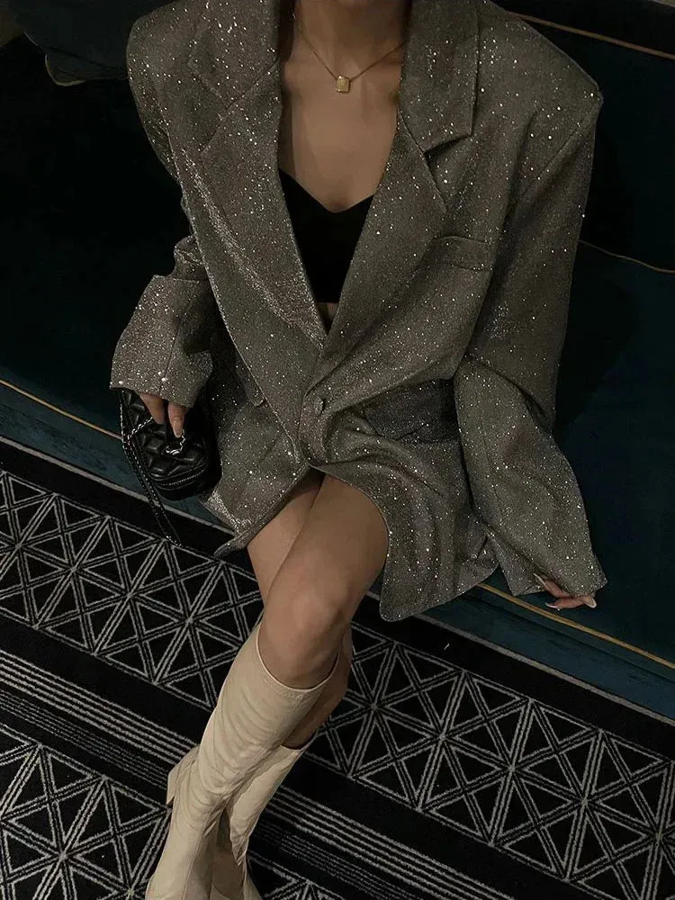 Sequin Glitter Lapel Suit Outwear For Women Luxury Long Sleeve Fashion Pocket Elegant Sparkle Coat Women's Suit Outwear