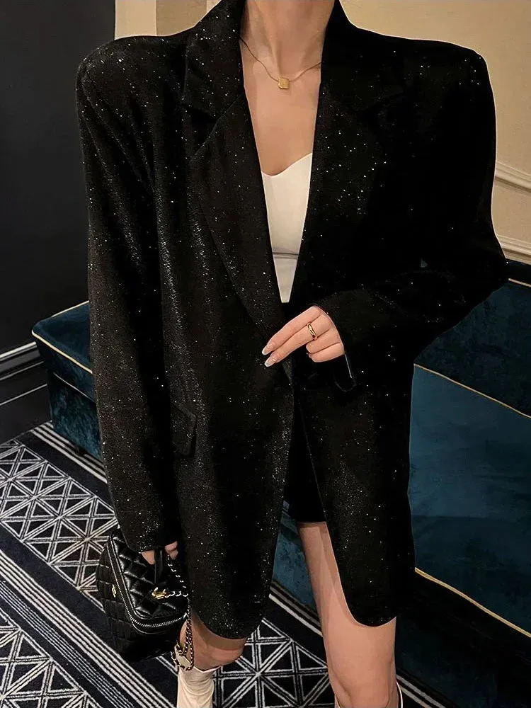 Sequin Glitter Lapel Suit Outwear For Women Luxury Long Sleeve Fashion Pocket Elegant Sparkle Coat Women's Suit Outwear