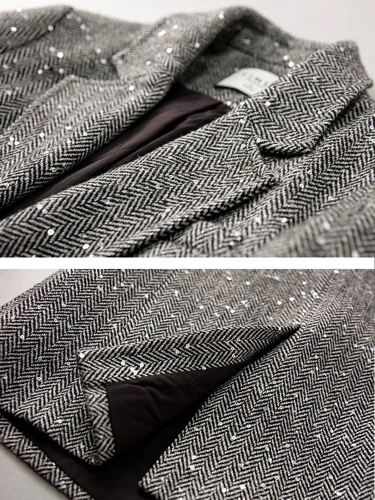 Sequins Wool Blend Blazer Women Spring Jackets Warm Outerwears Vintage Elegant Casual Business Woolen Tailored Coat