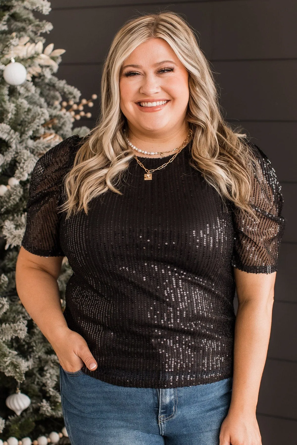 Shining In Sequins Puff Sleeve Blouse- Black