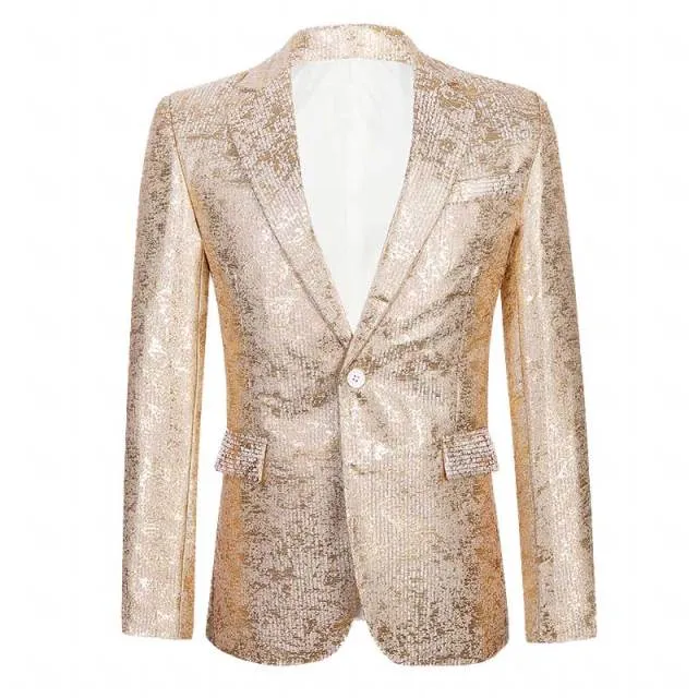 Shiny Gold Metallic Glitter Suit Jacket Men Brand New One Button Peak Lapel Mens Blazers Wedding Party Stage Costume