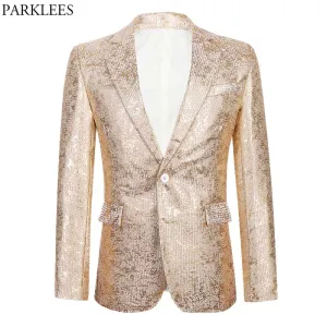 Shiny Gold Metallic Glitter Suit Jacket Men Brand New One Button Peak Lapel Mens Blazers Wedding Party Stage Costume