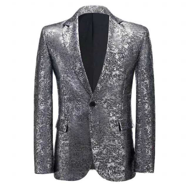Shiny Gold Metallic Glitter Suit Jacket Men Brand New One Button Peak Lapel Mens Blazers Wedding Party Stage Costume