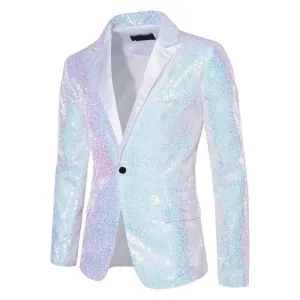 Shiny White Sequin Glitter Blazer for Men One Button Peak Collar Tuxedo Jacket Mens Wedding Groom Party Prom Stage