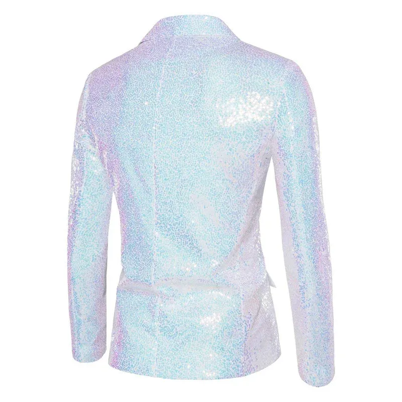 Shiny White Sequin Glitter Blazer for Men One Button Peak Collar Tuxedo Jacket Mens Wedding Groom Party Prom Stage