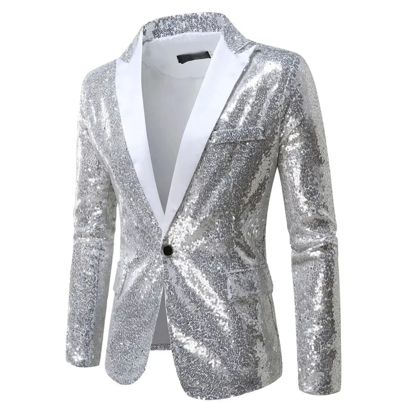 Shiny White Sequin Glitter Blazer for Men One Button Peak Collar Tuxedo Jacket Mens Wedding Groom Party Prom Stage