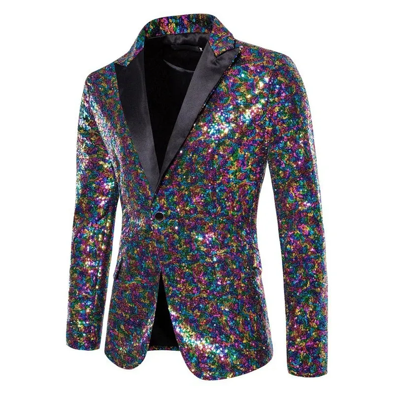 Shiny White Sequin Glitter Blazer for Men One Button Peak Collar Tuxedo Jacket Mens Wedding Groom Party Prom Stage