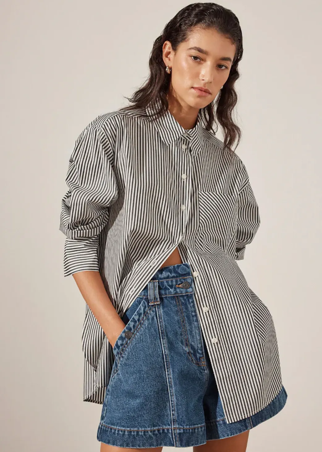 SHONA JOY Jayde Oversized Shirt - Dark Navy/Ivory