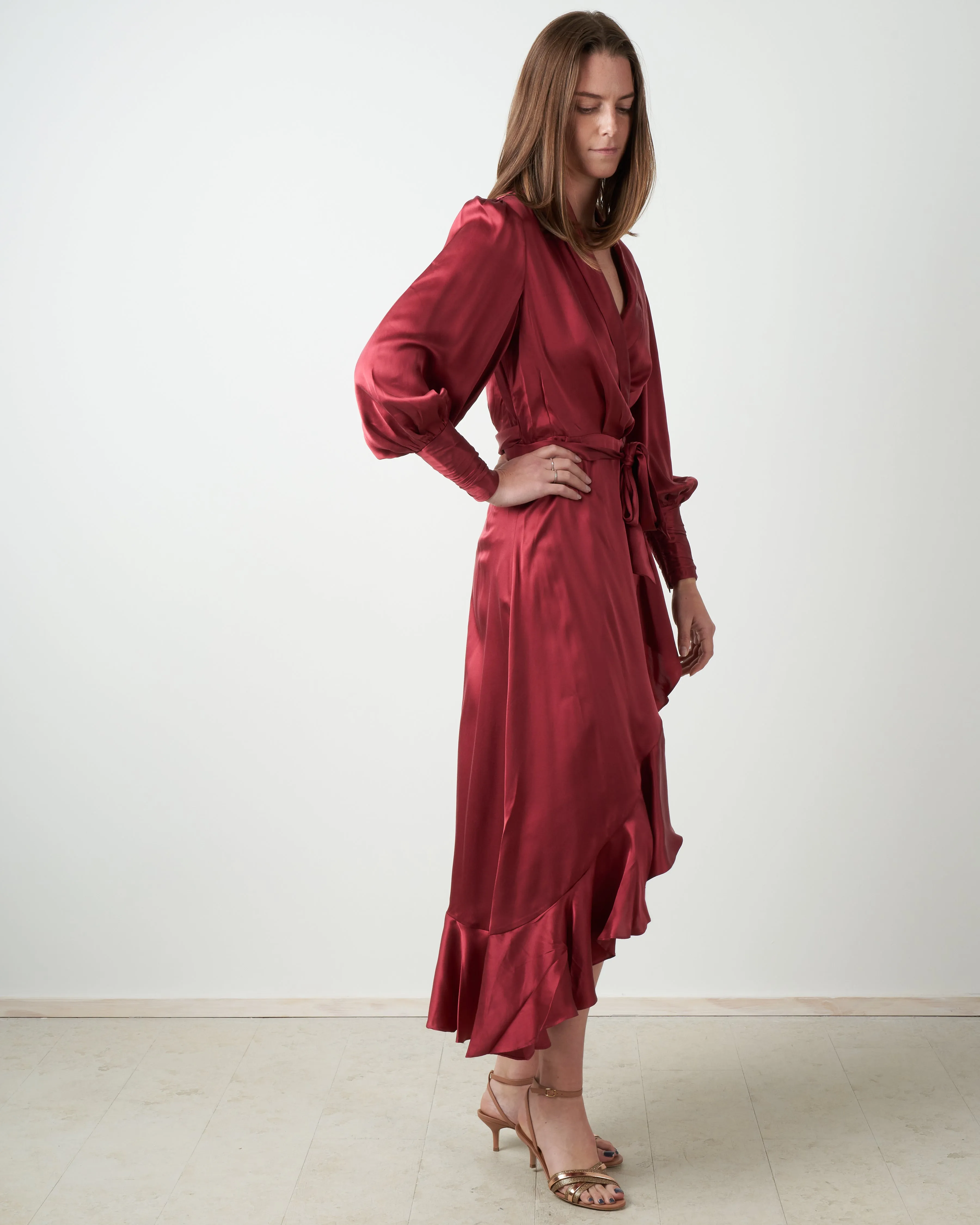 silk wrap midi dress - burgundy